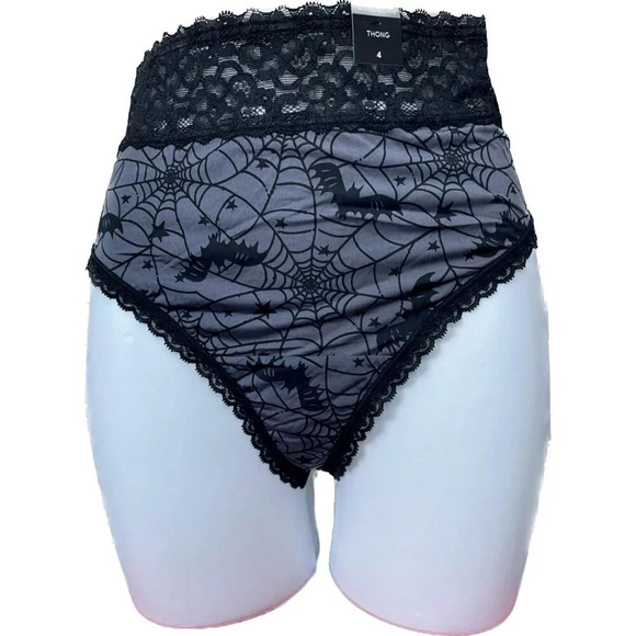 Torrid Plus 4 Black Bats Spider Web Lace Waistband/Trim Mid-Rise Thong Panties - Picture 2 of 6